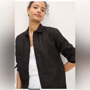Everlane Women The Linen Eyelet Relaxed Collared Black LS  Shirt  Size 2 NEW